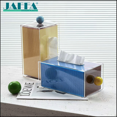 Harga yang pantas JAFFA Custom Acrylic Long Tissue Box, Transparent Color-Block Grid Tissue Holder, Multi-Functional Storage Box untuk ruang tamu / kamar tidur / kamar mandi on line