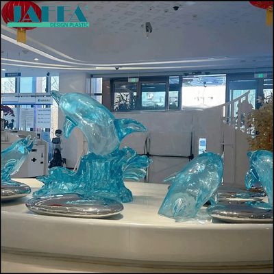 Giá tốt JAFFA Tượng cá heo acrylic trong suốt tùy chỉnh, đồ trang trí nghệ thuật biển quy mô lớn, điêu khắc trang trí cho trung tâm mua sắm / khách sạn / bể cá trực tuyến